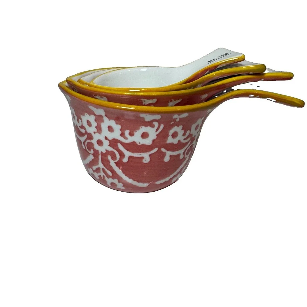 Sparrow & Wren Ceramic Nesting Floral Measuring Cups Set Of 4 Coral & White